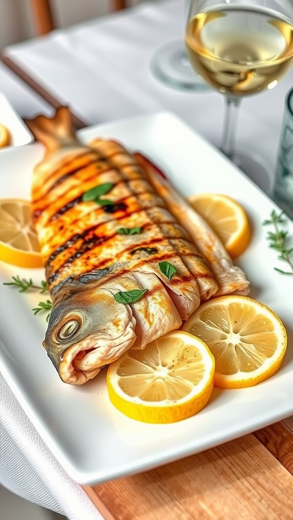 Grilled branzino with lemon slices and herbs on a white plate in a bright dining setting.